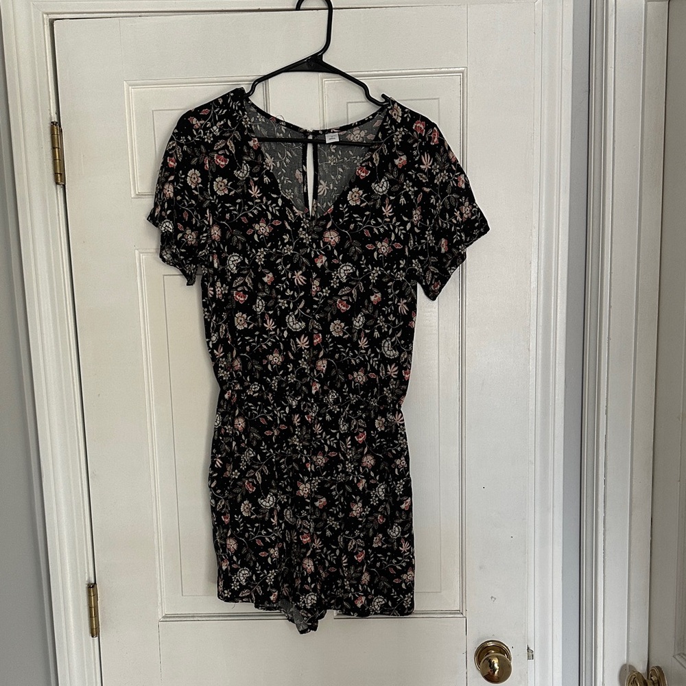Old Navy Black Floral Romper with Pink and Cream Accents
